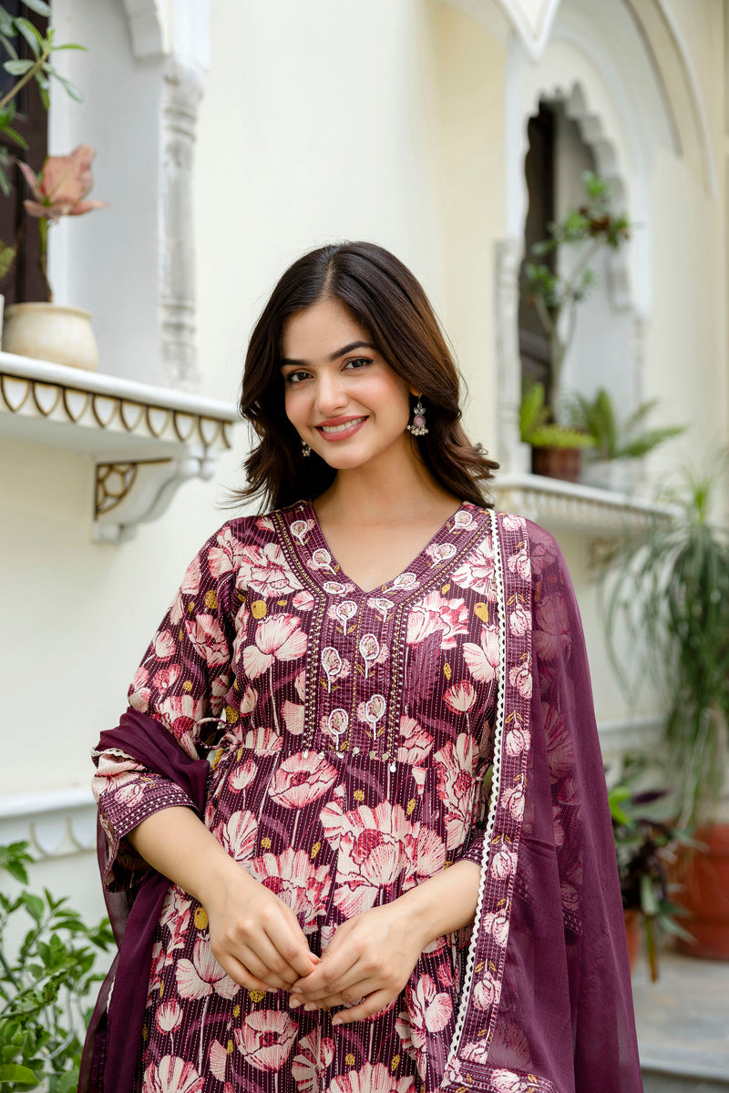 EthniFlair Floral Embroidered Anarkali Kurta with Pyjamas & Dupatta