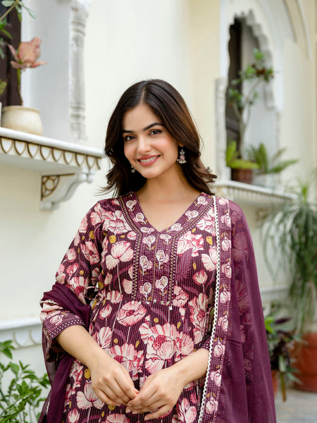 EthniFlair Floral Embroidered Anarkali Kurta with Pyjamas & Dupatta