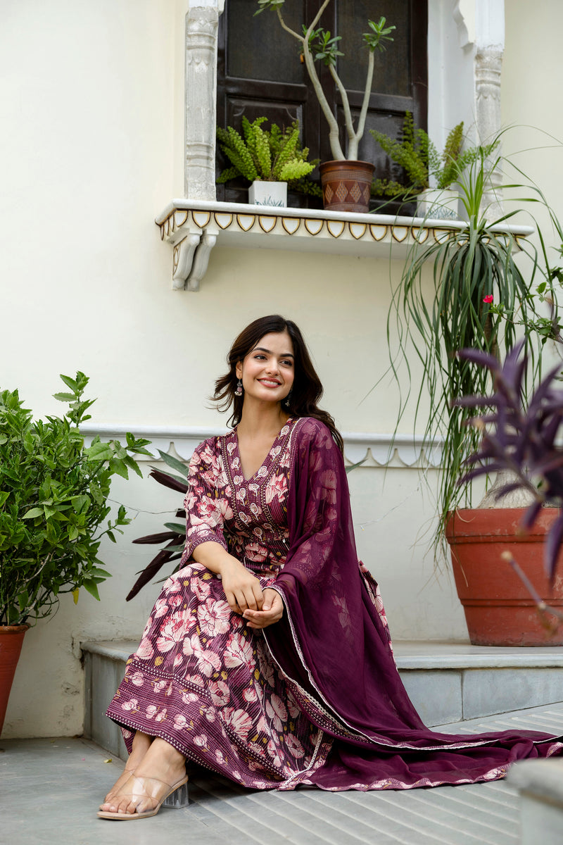 EthniFlair Floral Embroidered Anarkali Kurta with Pyjamas & Dupatta