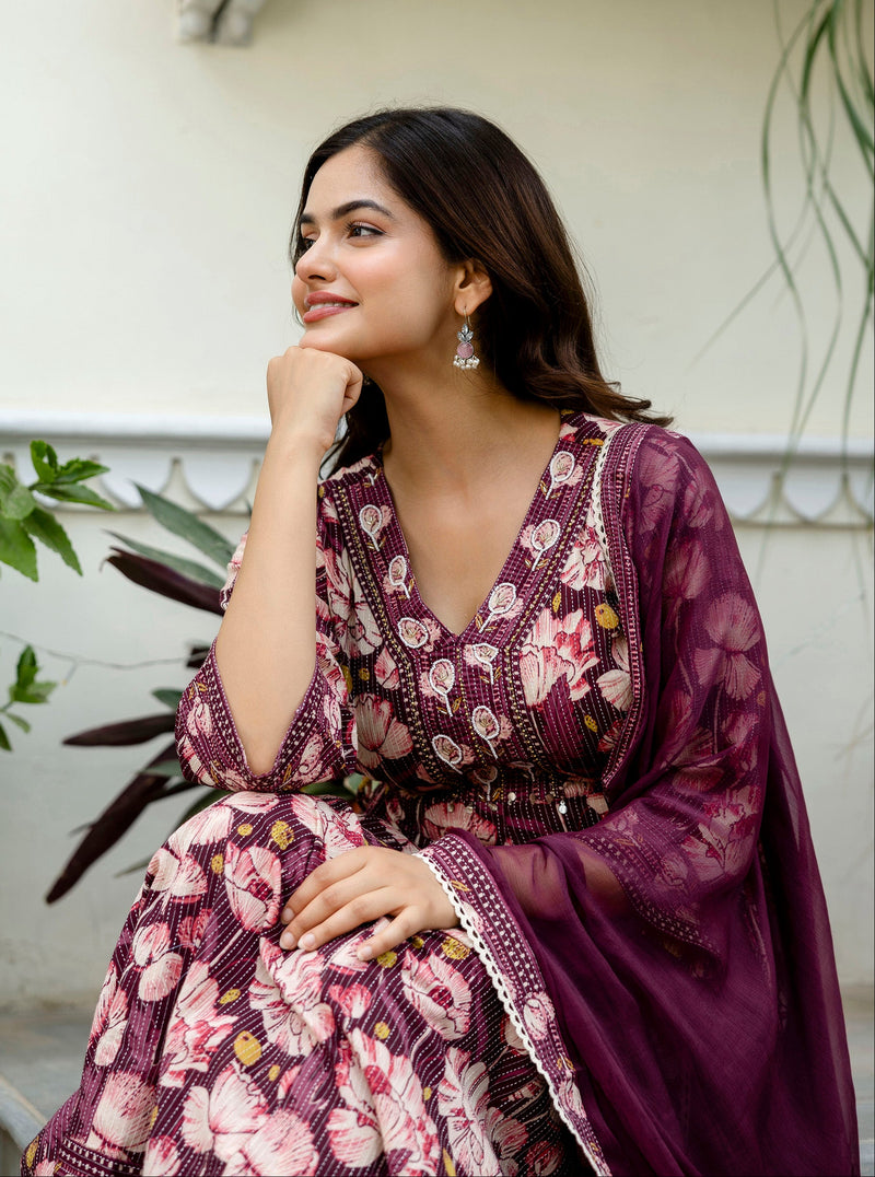 EthniFlair Floral Embroidered Anarkali Kurta with Pyjamas & Dupatta