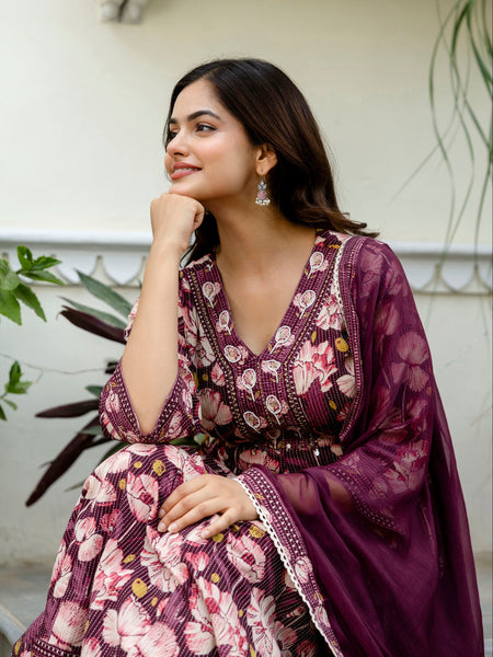 EthniFlair Floral Embroidered Anarkali Kurta with Pyjamas & Dupatta