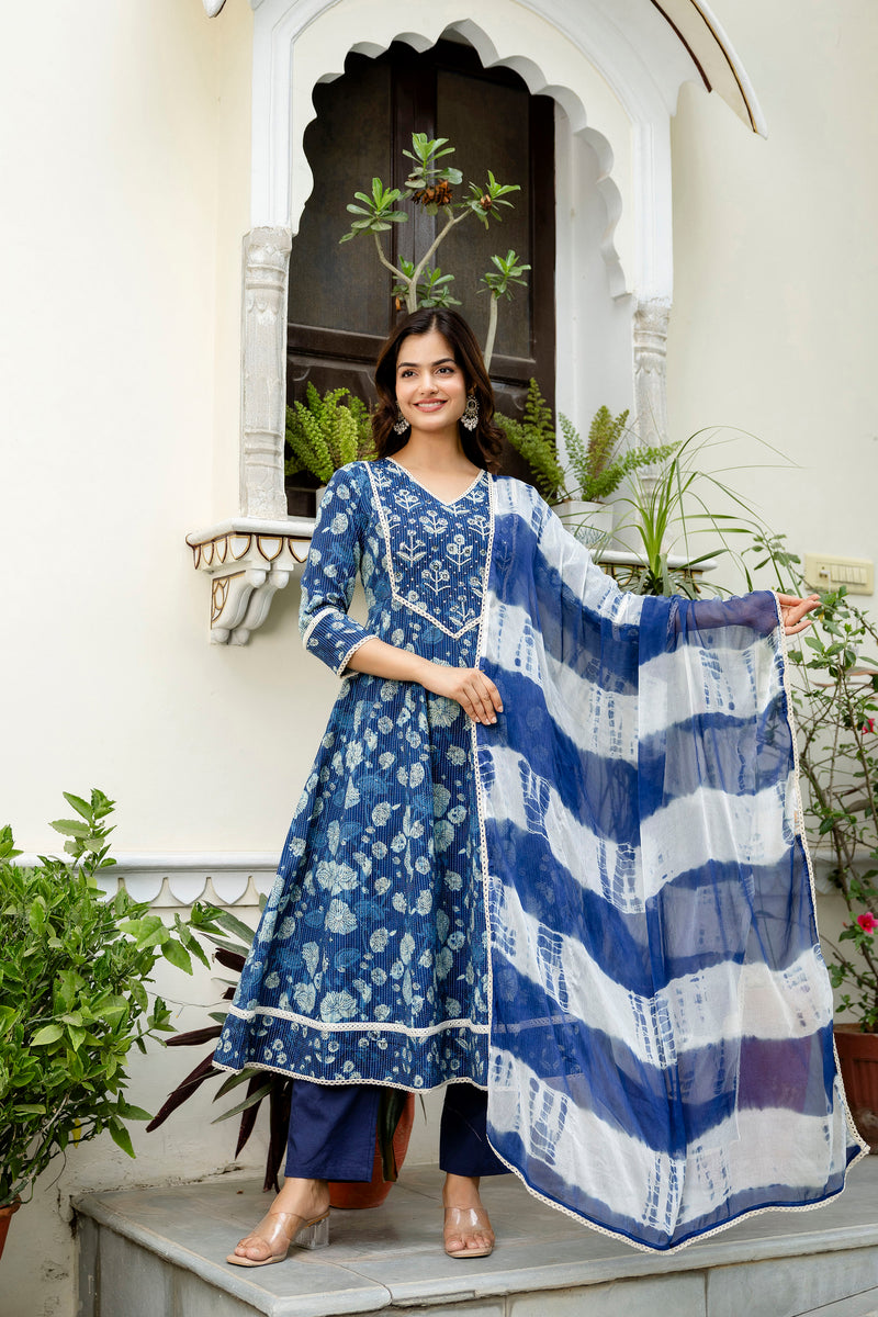EthniFlair Floral Printed V-Neck Anarkali Kurta With Pyjamas & Dupatta