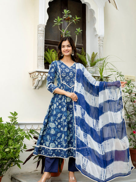 EthniFlair Floral Printed V-Neck Anarkali Kurta With Pyjamas & Dupatta