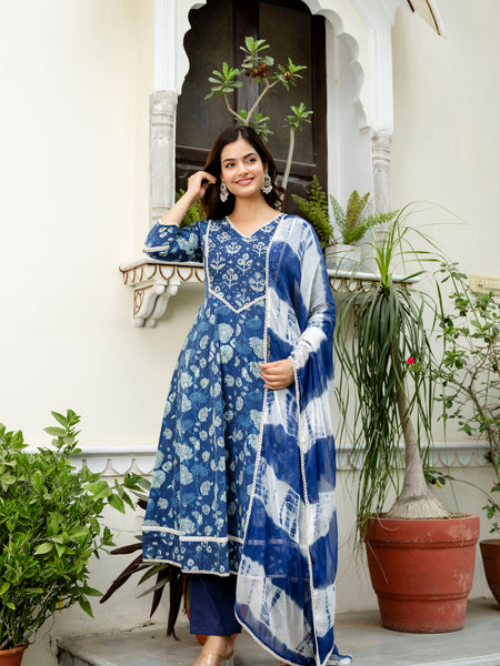 EthniFlair Floral Printed V-Neck Anarkali Kurta With Pyjamas & Dupatta