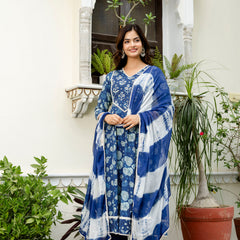 EthniFlair Floral Printed V-Neck Anarkali Kurta With Pyjamas & Dupatta