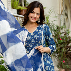 EthniFlair Floral Printed V-Neck Anarkali Kurta With Pyjamas & Dupatta