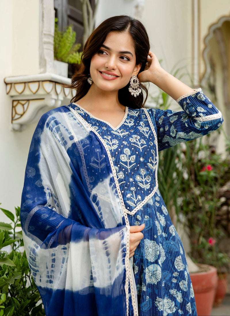 EthniFlair Floral Printed V-Neck Anarkali Kurta With Pyjamas & Dupatta