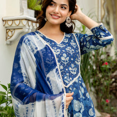 EthniFlair Floral Printed V-Neck Anarkali Kurta With Pyjamas & Dupatta