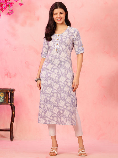 EthniFlair Floral Printed Round Neck Straight Kurta