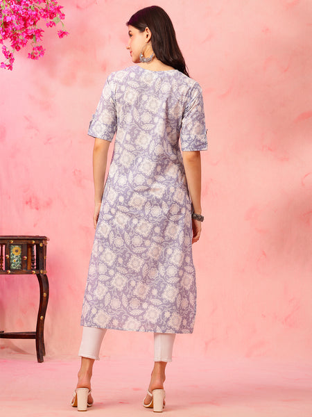 EthniFlair Floral Printed Round Neck Straight Kurta