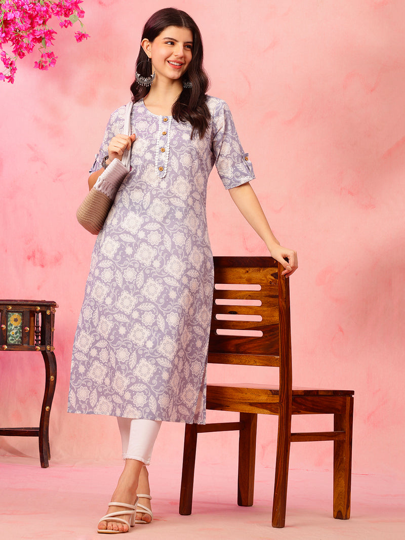 EthniFlair Floral Printed Round Neck Straight Kurta