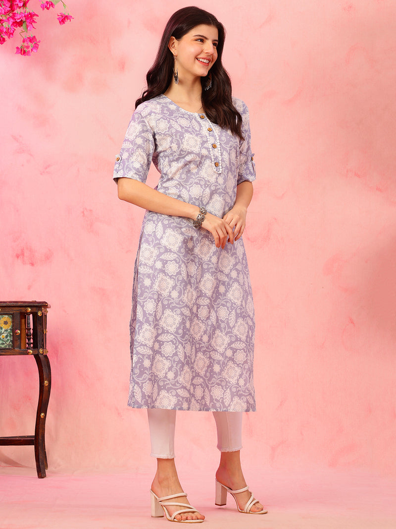 EthniFlair Floral Printed Round Neck Straight Kurta