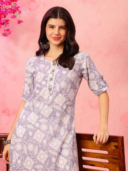 EthniFlair Floral Printed Round Neck Straight Kurta
