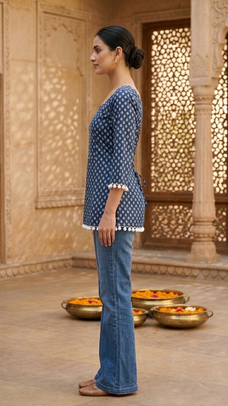 Cotton Printed Back tie-up with pom-pom detailing kurti