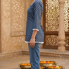 Cotton Printed Back tie-up with pom-pom detailing kurti