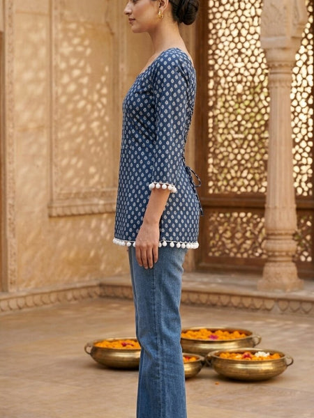 Cotton Printed Back tie-up with pom-pom detailing kurti