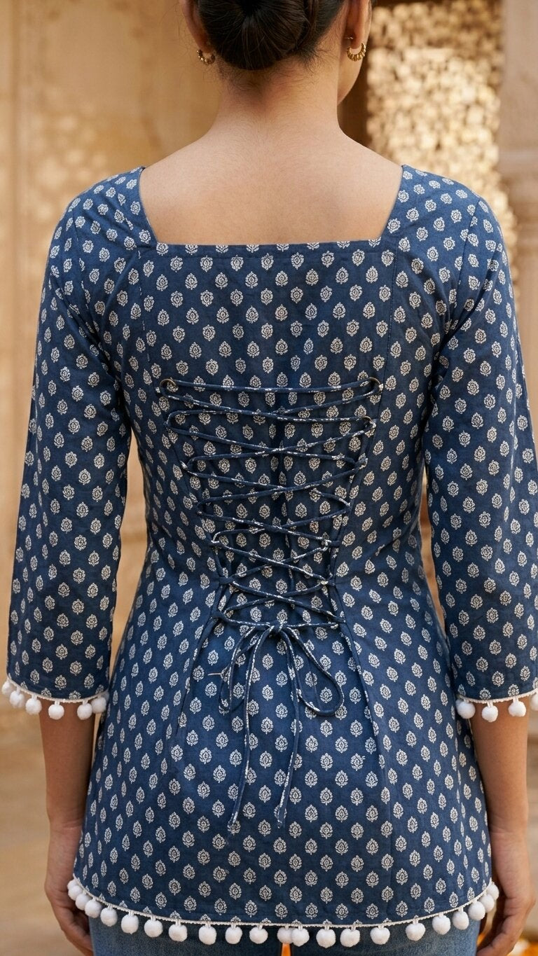 Cotton Printed Back tie-up with pom-pom detailing kurti