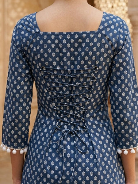 Cotton Printed Back tie-up with pom-pom detailing kurti