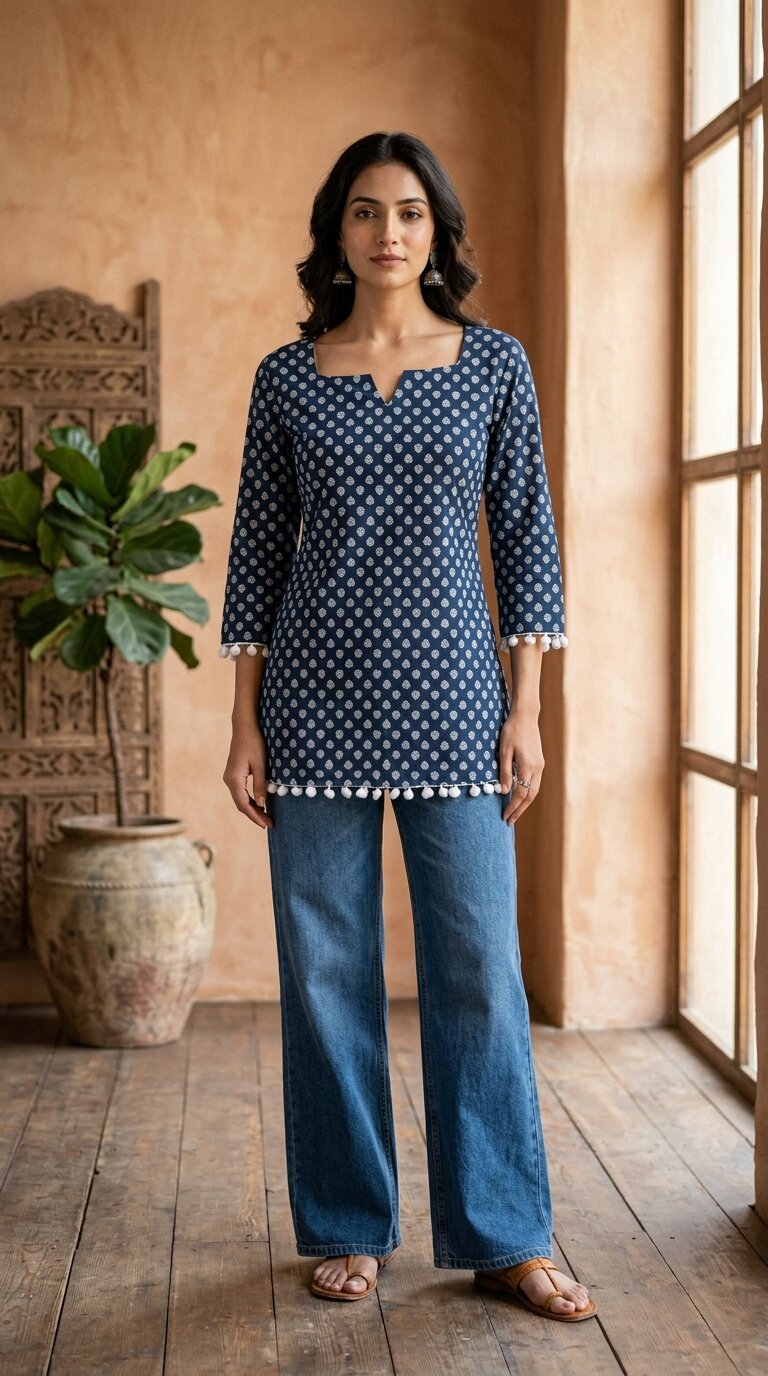 Cotton Printed Back tie-up with pom-pom detailing kurti