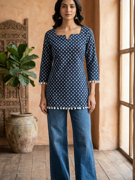 Cotton Printed Back tie-up with pom-pom detailing kurti