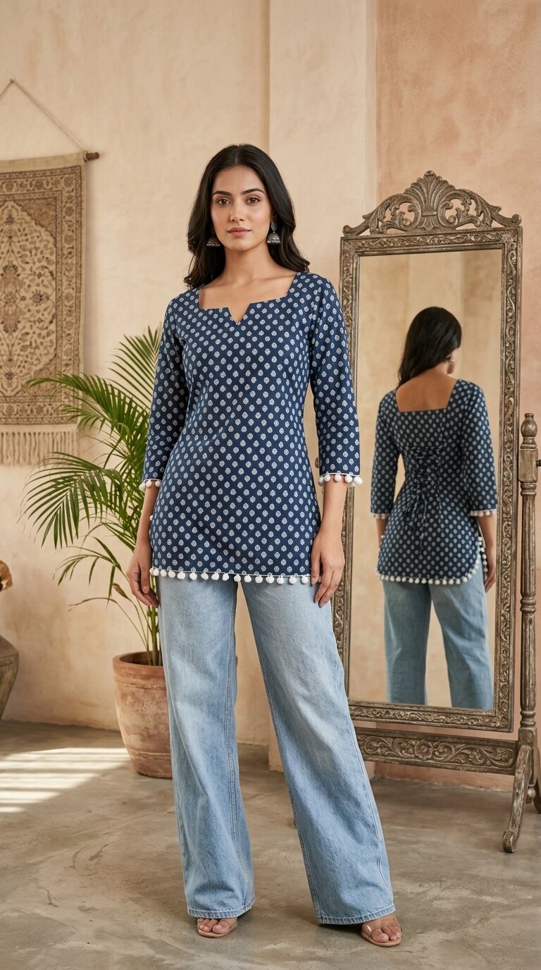Cotton Printed Back tie-up with pom-pom detailing kurti