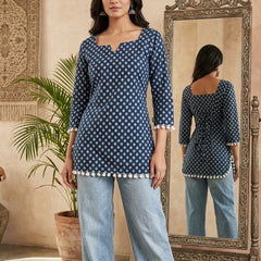 Cotton Printed Back tie-up with pom-pom detailing kurti
