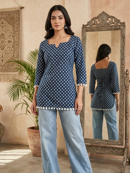Cotton Printed Back tie-up with pom-pom detailing kurti