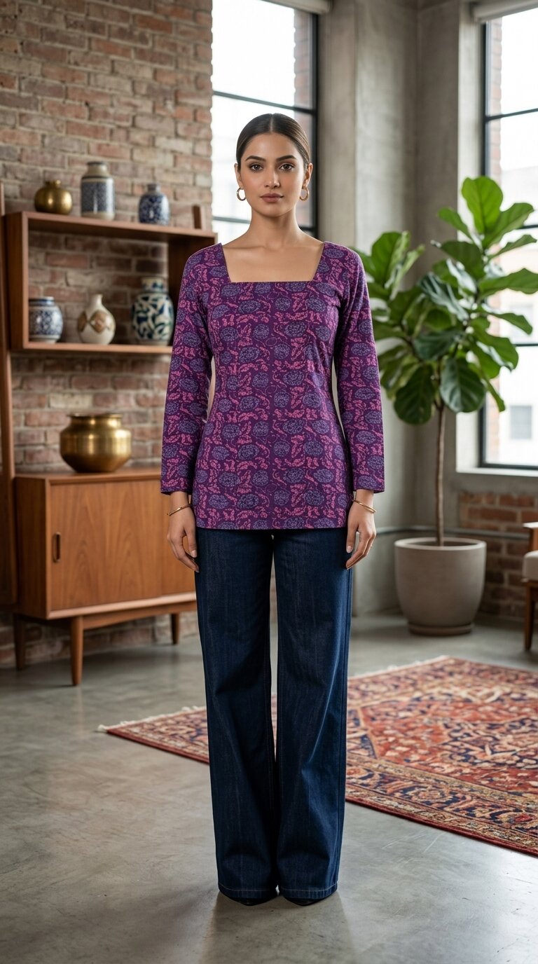 Women Cotton Flared Sleeves Back Tie-up Kurti