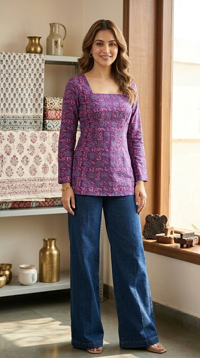 Women Cotton Flared Sleeves Back Tie-up Kurti