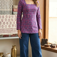 Women Cotton Flared Sleeves Back Tie-up Kurti