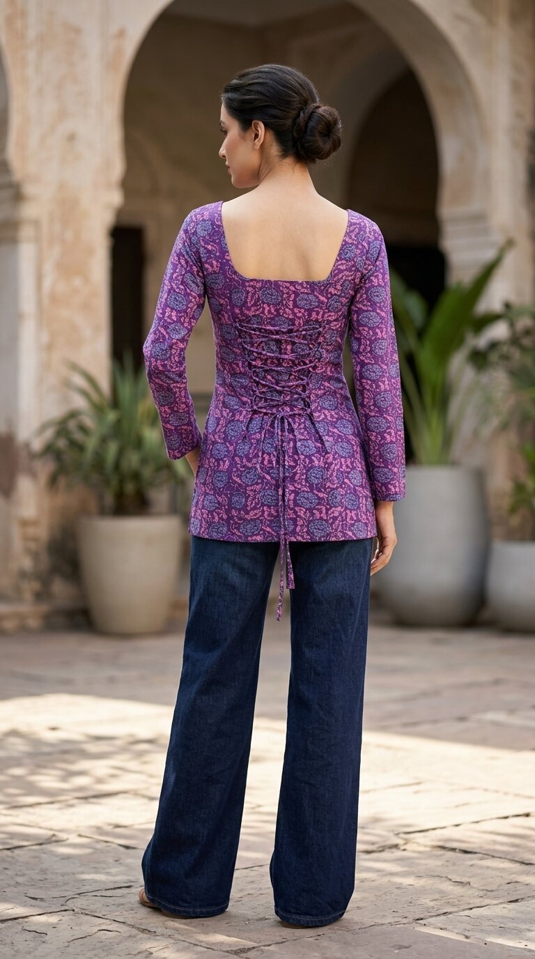 Women Cotton Flared Sleeves Back Tie-up Kurti