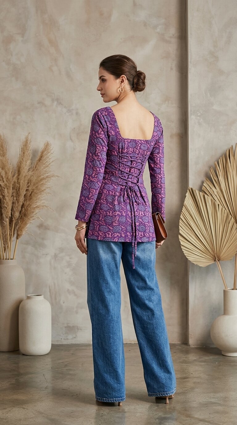 Women Cotton Flared Sleeves Back Tie-up Kurti