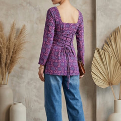 Women Cotton Flared Sleeves Back Tie-up Kurti