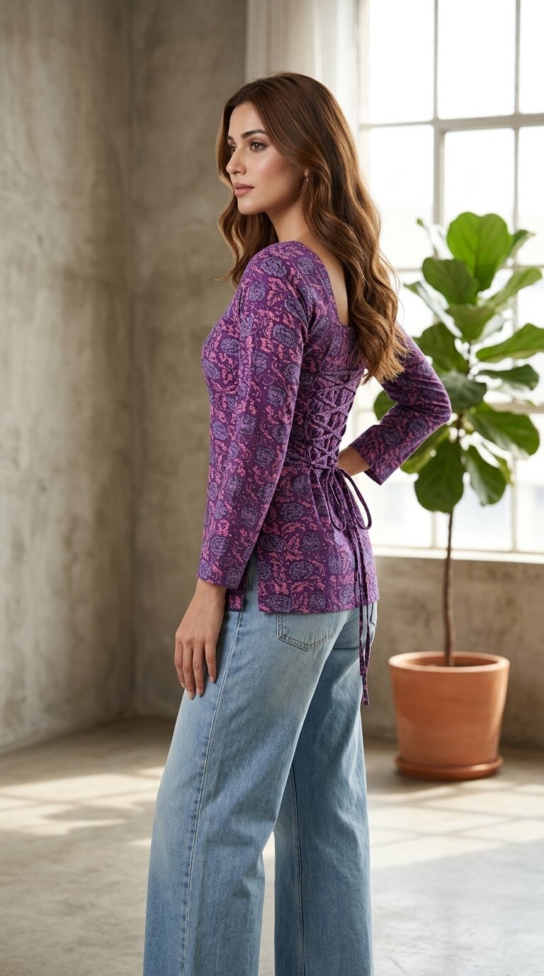 Women Cotton Flared Sleeves Back Tie-up Kurti