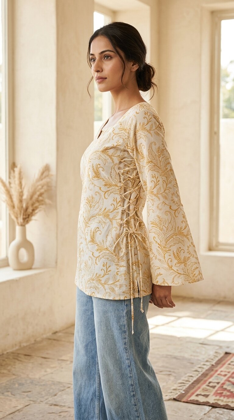Women Cotton Yellow Floral Flared sleeve Side tie-ups Kurti