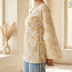 Women Cotton Yellow Floral Flared sleeve Side tie-ups Kurti