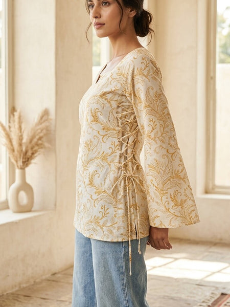 Women Cotton Yellow Floral Flared sleeve Side tie-ups Kurti