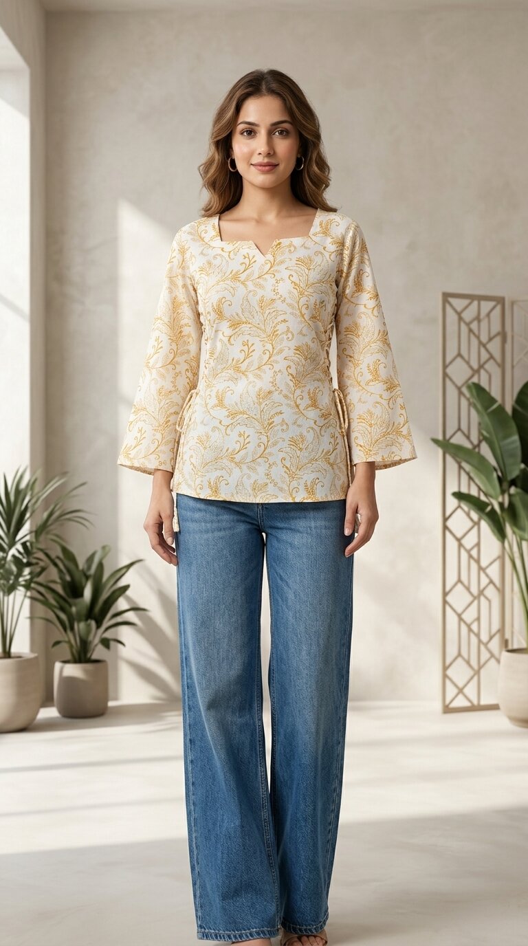 Women Cotton Yellow Floral Flared sleeve Side tie-ups Kurti