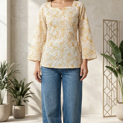 Women Cotton Yellow Floral Flared sleeve Side tie-ups Kurti