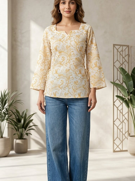Women Cotton Yellow Floral Flared sleeve Side tie-ups Kurti
