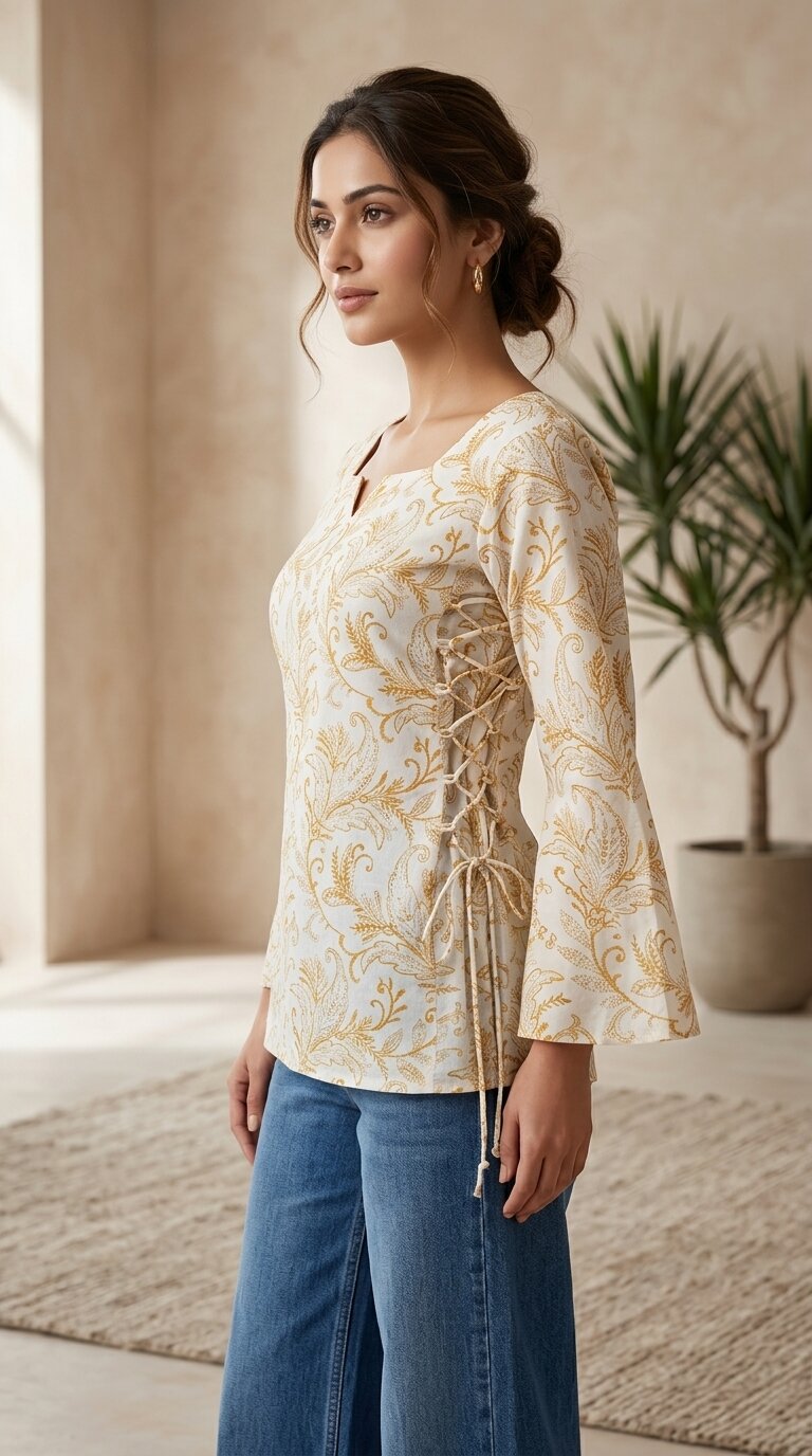 Women Cotton Yellow Floral Flared sleeve Side tie-ups Kurti