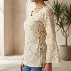 Women Cotton Yellow Floral Flared sleeve Side tie-ups Kurti