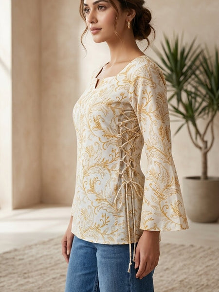 Women Cotton Yellow Floral Flared sleeve Side tie-ups Kurti