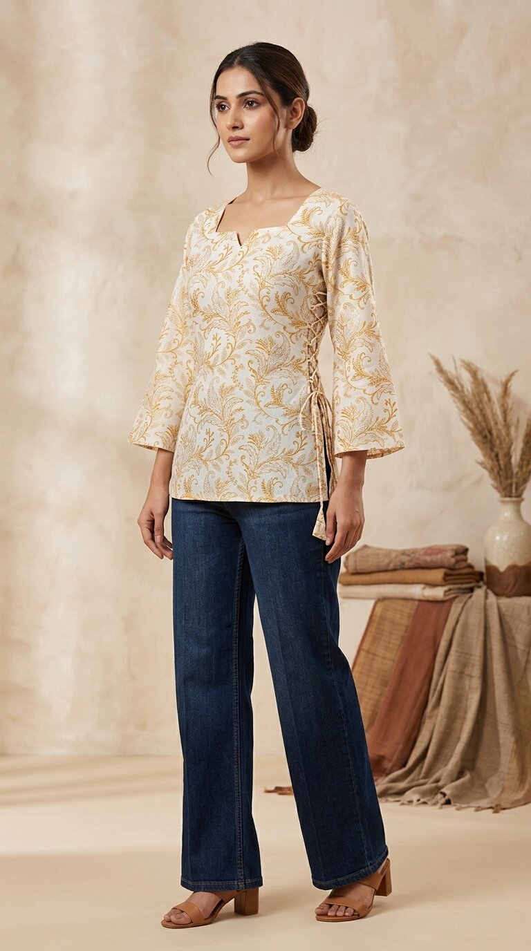 Women Cotton Yellow Floral Flared sleeve Side tie-ups Kurti