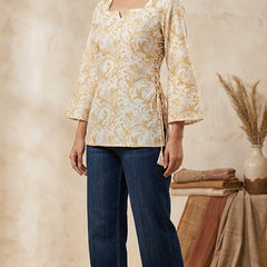 Women Cotton Yellow Floral Flared sleeve Side tie-ups Kurti