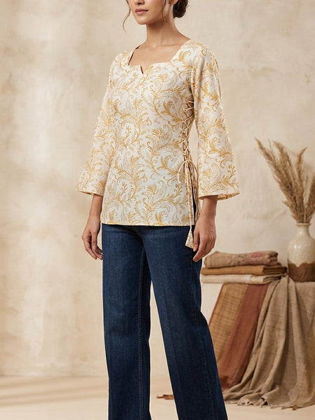 Women Cotton Yellow Floral Flared sleeve Side tie-ups Kurti