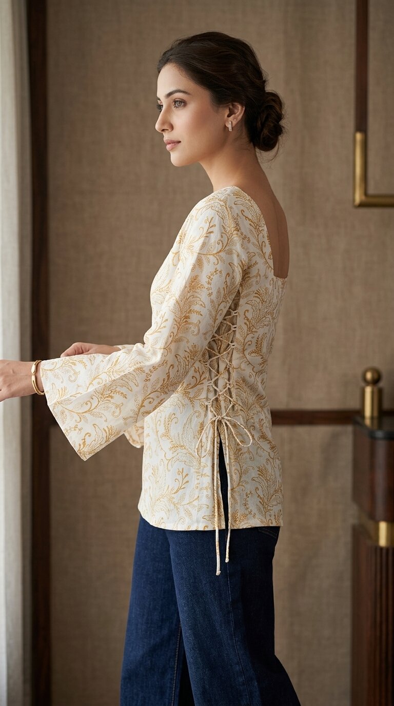 Women Cotton Yellow Floral Flared sleeve Side tie-ups Kurti