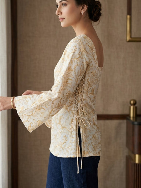 Women Cotton Yellow Floral Flared sleeve Side tie-ups Kurti