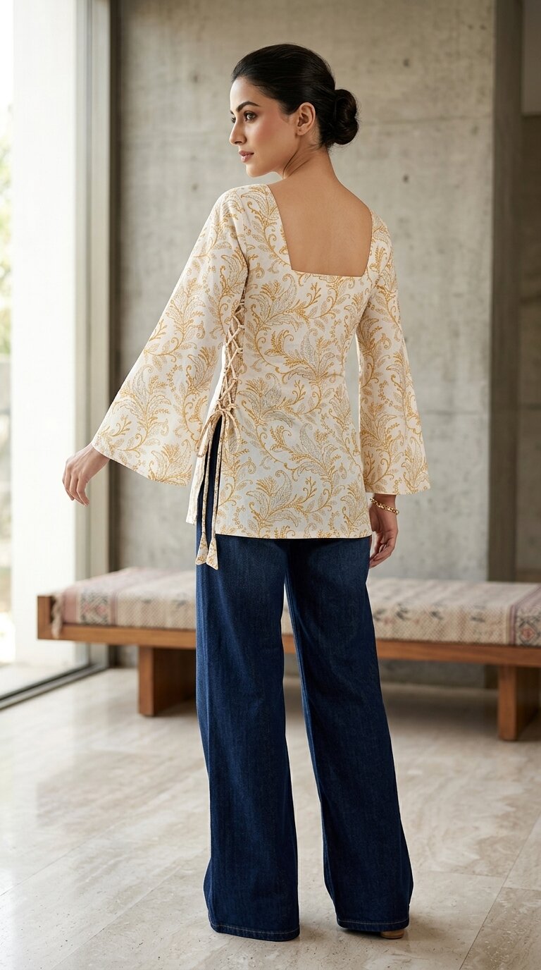 Women Cotton Yellow Floral Flared sleeve Side tie-ups Kurti