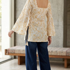 Women Cotton Yellow Floral Flared sleeve Side tie-ups Kurti